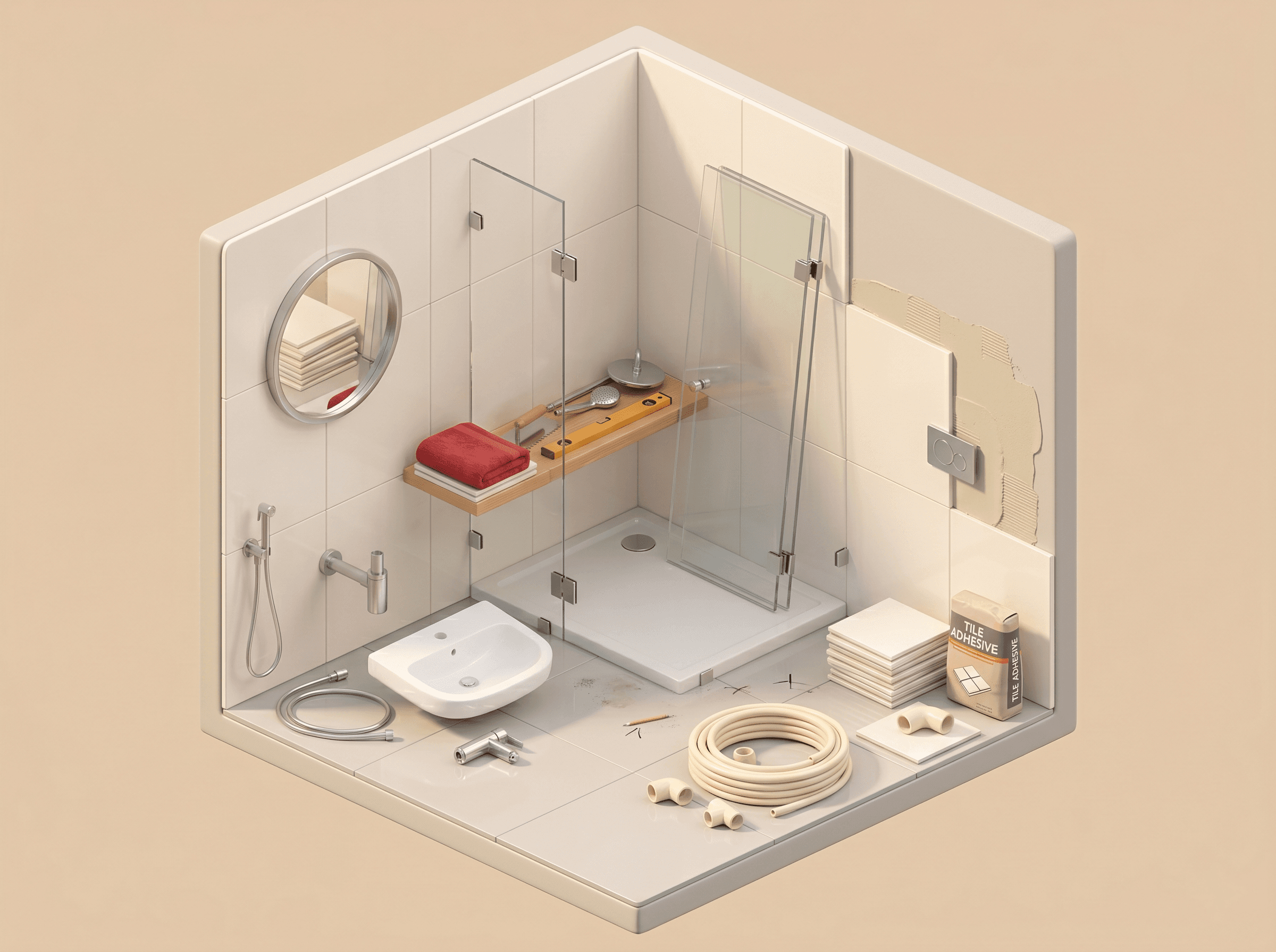 Bathroom materials supplied — tiles, basin, pipes and fittings